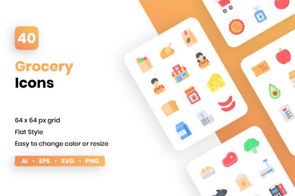 Grocery Flat Icon Set: Versatile 64px Vector Assets