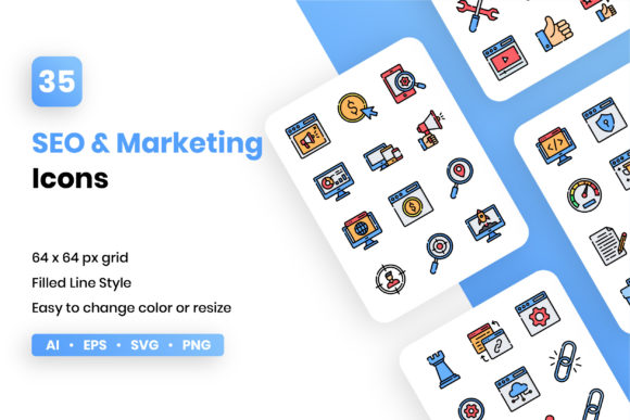 SEO and Marketing Filled Line Icons for Clear Design
