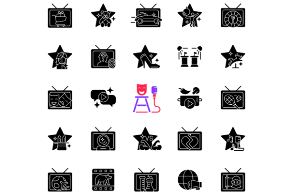 TV Show Black Glyph Icons Bundle for Design